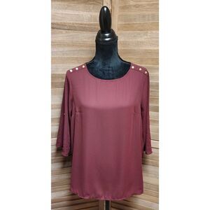Apt.9 Women's Burgundy Studded Round Neck 3/4 Sleeve Blouse Size Large L Top
